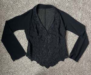 Vintage Y2K CDC Black Beaded Mesh Top Women M Whimsigoth Goth Long Sleeve USA